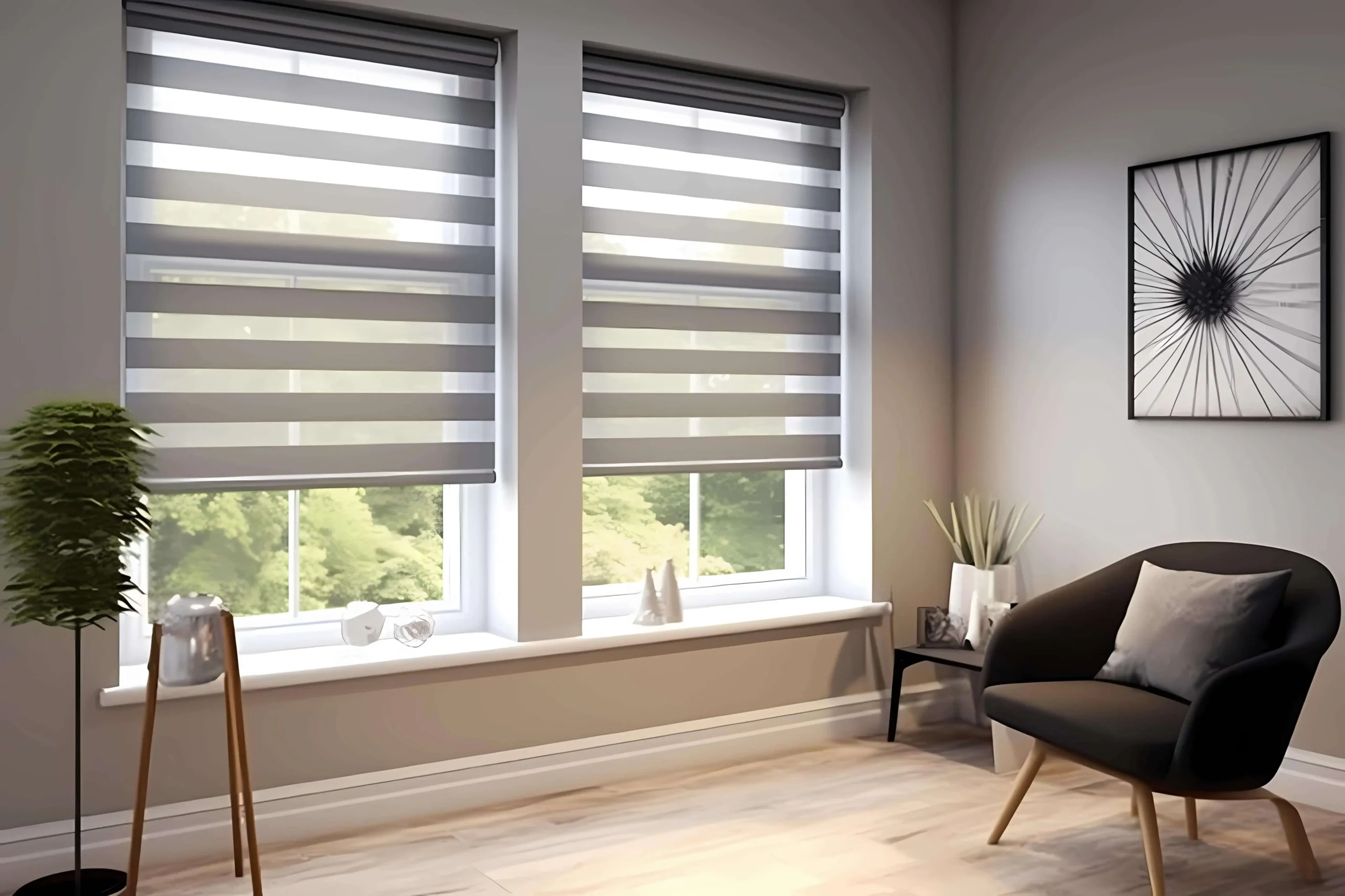 Rolety dzień-noc na wysokich oknach w salonie - osłony okienne na wymiar MORENO